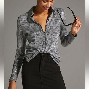 Pilcro Anthropologie Shimmer Long Sleeve Collared Shirt In Dark Gray Size S